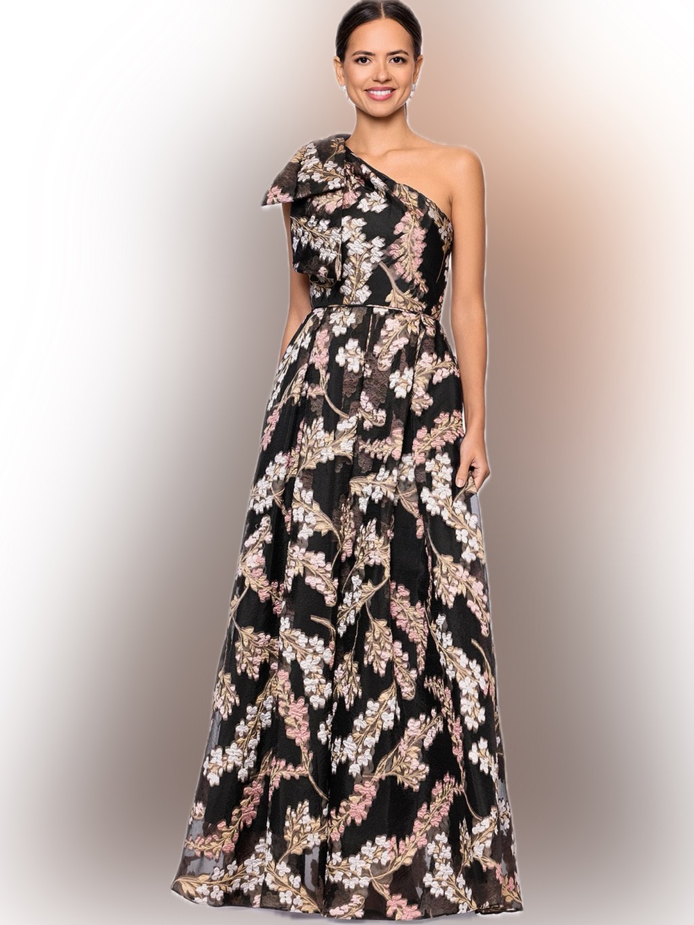Betsy & Adam Black One-Shoulder Floral Evening Gown size 14